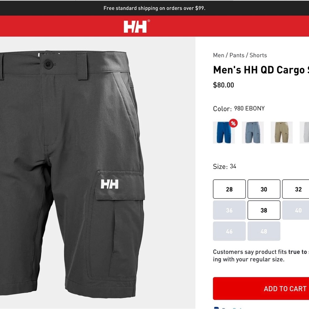 Men’s Helly Hansen cargo shorts waist 34. Color charcoal grey. New w/ tags